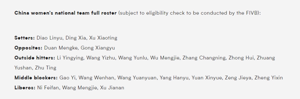 国际排联透露中国女排世联赛23人名单，朱婷回归